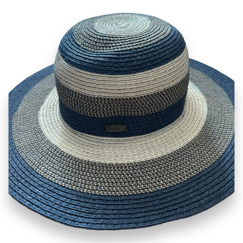 Panama Jack Straw Navy Blue & Tan / Khaki Bucket Summer Beach or Derby Hat
